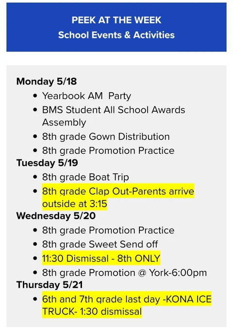 A weekly schedule of school events including promotions, boat trips, and last day activities. Highlighted text emphasizes key events.