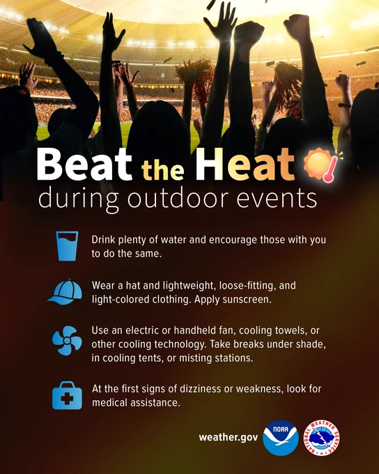 Beat the Heat during outdoor events. Drink plenty of water and encourage those with you to do the same. Wear a hat and lightweight, loose-fitting, and light-colored clothing. Apply sunscreen. Use an electric or handheld fan, cooling towels, or other cooling technology. Take breaks under shade, in cooling tents, or misting stations. At the first signs of dizziness or weakness, look for medical assistance.