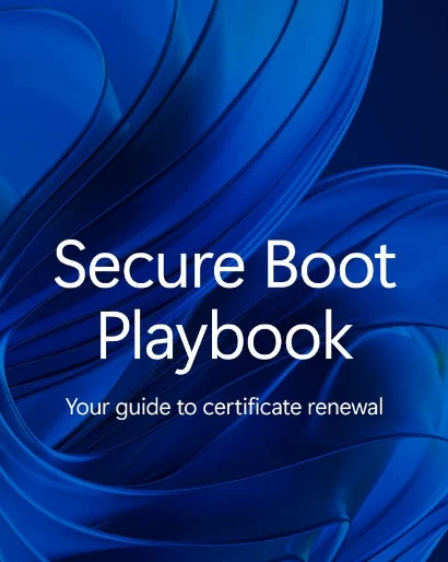 Text reading "Secure Boot Playbook: Your guide to certificate renewal" displayed over a blue abstract background.