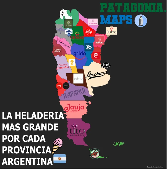 Gadget heladería- Tierra del Fuego
Tito Helados- Santa Cruz
Jauja Heladería- Chubut
Rapanui- Rio Negro
Pire patagonia- Neuquen
Vittorio helados- La Pampa
lucciano´s- Provincia de Buenos Aires
Freddo- CABA
Ferruccio Soppelsa- Mendoza
Kopitos- San Luis
Grido helado- Cordoba
YO heladerias- Santa Fe
Helados Bahillo- Entre Rios
portho gelatto- San Juan
Las Malvinas heladeria- La Rioja
helados Venecia- Catamarca
helados Cercett- Santiago del Estero
Heladeria Bluebell- Tucumán
Heladeria Luigi- Chaco
Heladeria del Bosque- Salta
Heladeria El Pinguino- Jujuy
La Gelateria- Formosa
Helados Duomo- Misiones