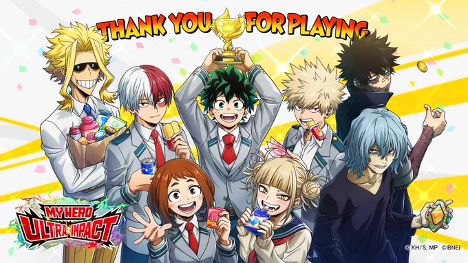 MY HERO ULTRA IMPACT Commemorative Illustration
Characters from My Hero Academia — Izuku Midoriya, Katsuki Bakugo, Shoto Todoroki, Ochaco Uraraka, All Might, Tomura Shigaraki, Himiko Toga, and Dabi — are proudly showcasing items featured in the game.
This illustration is also available as a 1920×1080 wallpaper.