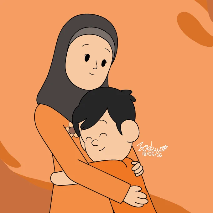 Willie Thampton hugging to his mother in the bright orange background