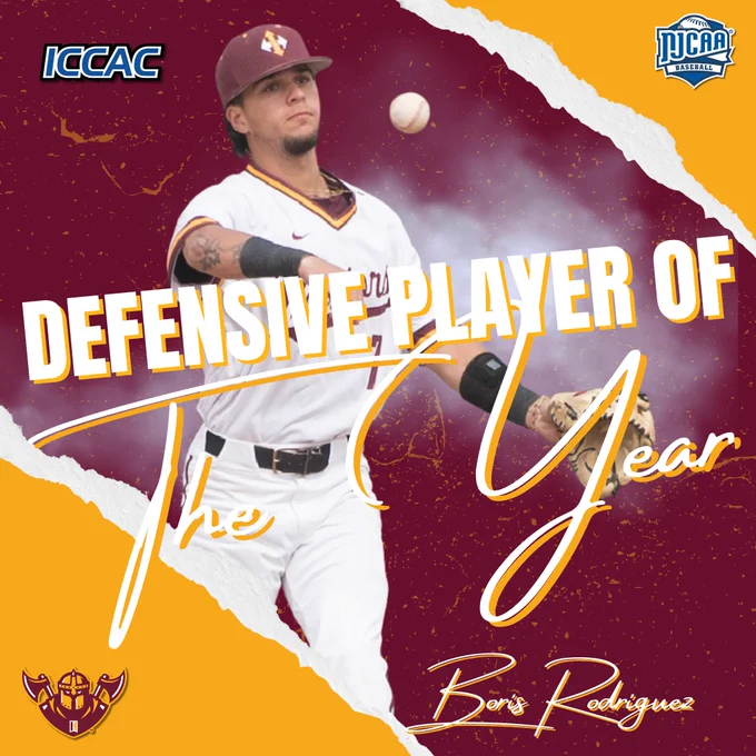 ICCAC graphic honoring Boris Rodriguez as Defensive Player of the Year, featuring a baseball player throwing against a maroon and gold design.