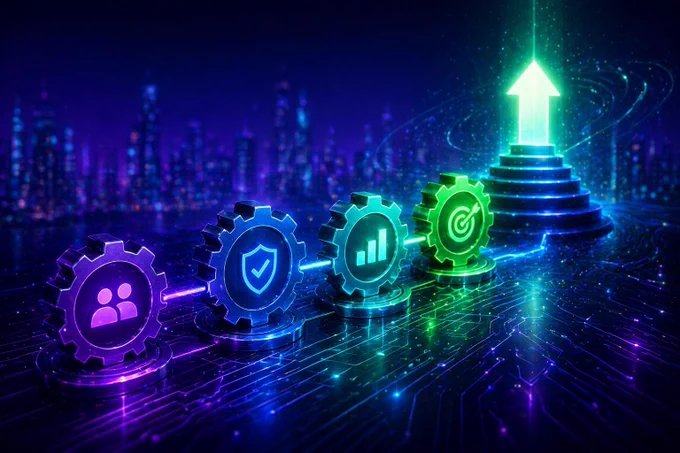 Futuristic digital illustration of interconnected glowing gears and system components leading toward an upward light in a neon city environment, representing optimized systems, efficiency, and improved outcomes for Kinny List, a Solana-powered Web3 marketplace focused on reliable infrastructure and long-term growth.