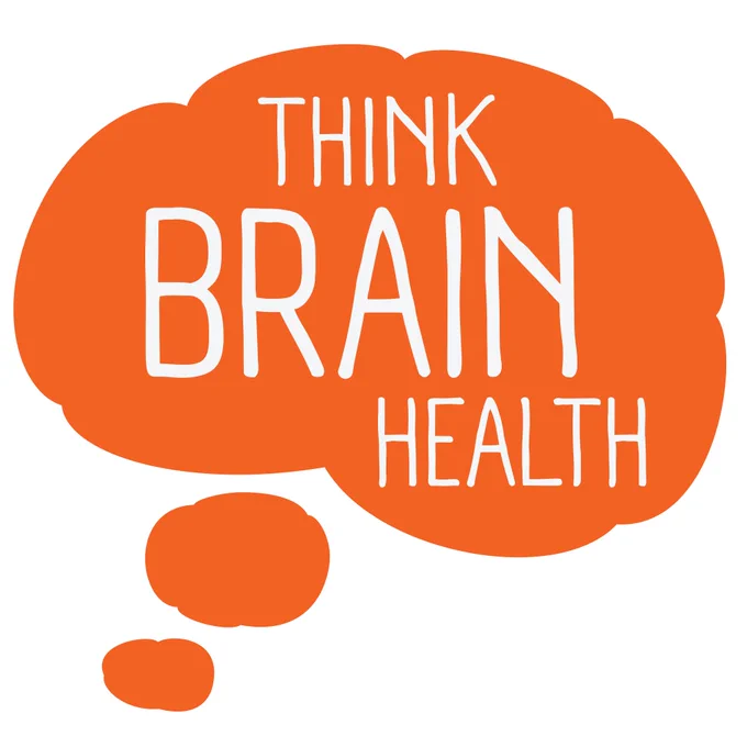Orange thought bubble in the shape of a brain with white text: THINK BRAIN HEALTH.  The logo for Alzheimers Research Uk