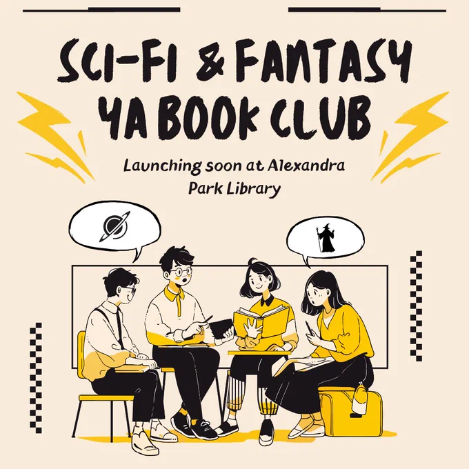 An image of students sitting around discussing scifi and fantasy novels.