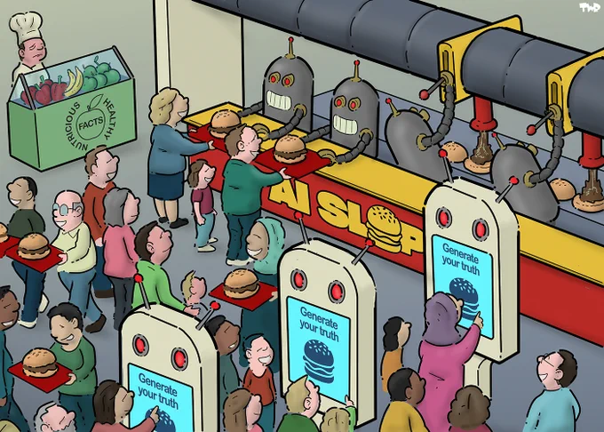 Cartoon showing the inside of a fast food restaurant with lots of people waiting for food. The logo on the counter reads 'AI slop'. People are ordering from large screens that have the logo of a hamburger on it and the text 'Generate your truth'. Behind the counter two robots are filling buns with brown slop that comes from a large pipe overhead. Two other robots are handing out finished orders. To the side a small fruit & salad bar is ignored by everyone; it has the logo of an apple with the text: 'Facts: nutritious & healthy'.
