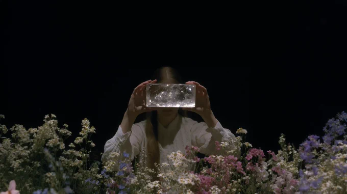 A person holds a transparent block with liquid, surrounded by colorful flowers, set against a dark background, evoking a sense of exploration.