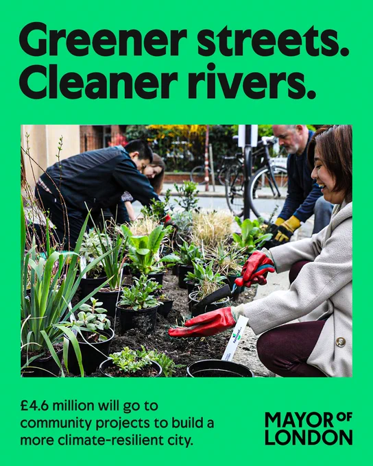 Graphic with green background and an image of two women and two men gardening in a planter. Text reads "Greener streets. Cleaner rivers. £4.6 million will go to community projects to build a more climate-resilient city" 