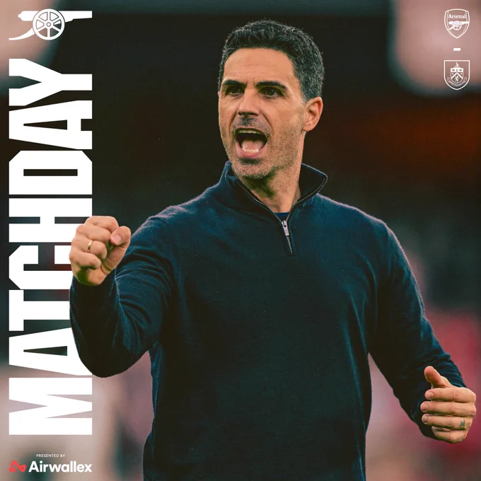 Matchday graphic for Arsenal v Burnley, featuring Mikel Arteta. 