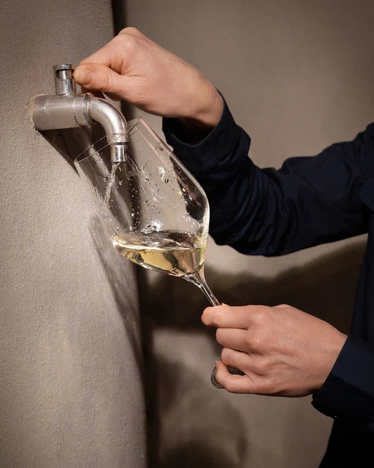 Hands opening a wine barrel tap and pouring white wine into a glass from a wooden cask, traditional winemaking process at Marchesi Frescobaldi cellar at Castello Pomino.
