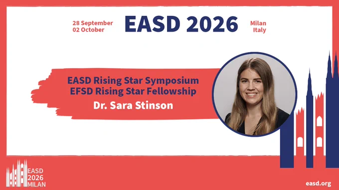 Promotional graphic for the EASD Annual Meeting 2026, taking place in Milan, Italy from 28 September to 02 October. The graphic announces Dr. Sara Elizabeth Stinson as a recipient of the EASD Rising Star Symposium and EFSD Rising Star Fellowship. A circular headshot of Dr. Stinson - a young woman with long blonde hair, wearing a dark top and smiling - is displayed on the right side. The EASD 2026 Milan branding appears throughout, with a stylised Milan skyline illustration in navy blue on the right. The website address easd.org is shown in the bottom right corner.