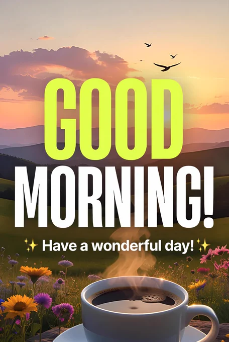 Grok wishes you a good morning and a wonderful day with this AI-created graphic of a mug of black coffee placed against a colorful sunrise.