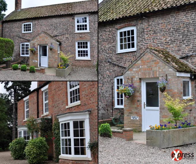 Collage of a quaint brick cottage with white windows and a welcoming front entrance. The scene exudes rustic charm and serenity.