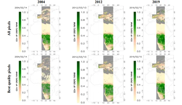 Six-panel transect maps of CCI  VP CRDP-2 FAPAR for 2004, 2012, and 2019: whole transect (top) and best-quality pixels (bottom), with grey areas for missing or low-quality data