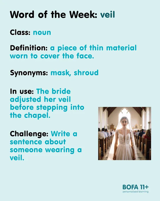 An image of a a bride wearing a veil in church. and the following text:
Word of the Week: veil.
Class: noun.
Definition: a piece of thin material worn to cover the face.
Synonyms: mask, shroud.
In use: The bride adjusted her veil before stepping into the chapel.
Challenge: Write a sentence about someone wearing a veil.
