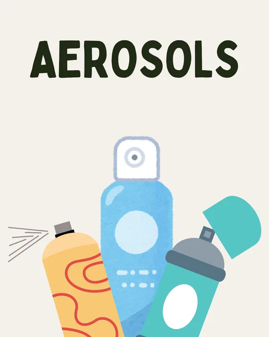 Beige background with black text in the top centre that reads 'aerosols'. Cartoon images of three aerosol cans in the bottom centre.
