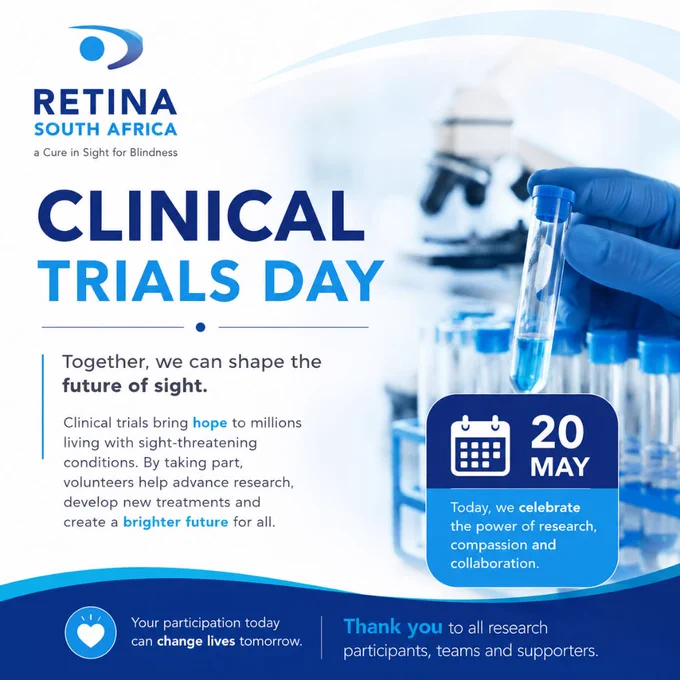 Retina South Africa Clinical Trials Day poster showing a laboratory scene with test tubes and a gloved hand holding a sample, highlighting hope for genetic eye conditions and vision loss, marked 20 May
