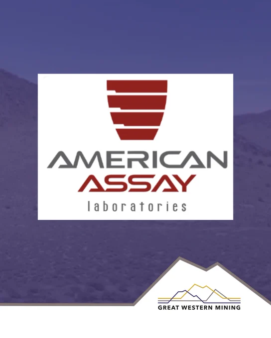 The image features the logo of American Assay Laboratories. Below the main image, there is a logo for Great Western Mining, which includes a stylized mountain graphic. The background shows a mountainous landscape.