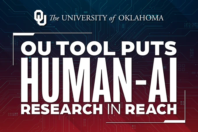 The image features the logos of the University of Oklahoma and highlights the message: "OU tool puts human-AI research in reach" on a background resembling a circuit board.