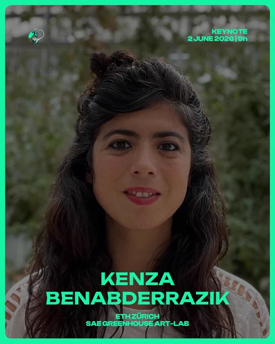 A promotional graphic for the Society for Ethnobotany 2026 conference. A young woman with long dark wavy hair, partially pulled up, smiles softly at the camera. She is wearing a white lace or crochet top. The background shows green foliage with a dark green tint overlay. A bright green border frames the image. In the upper right, green text reads "Keynote, 2 June 2026, 9h." Along the bottom, large bold green text reads "Kenza Benabderrazik" with smaller text below reading "ETH Zürich, SAE Greenhouse Art-Lab." The SEB 2026 conference logo appears in the upper left corner.