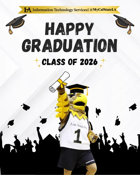 Cal State LA mascot in graduation cap holding diploma celebrating Class of 2026 with cheering crowd and caps in air.