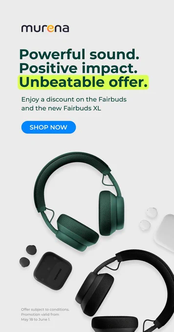 Announcement of an offer on new Fairbuds XL and Fairbuds next an image of green and black Fairbuds and Fairbuds XL