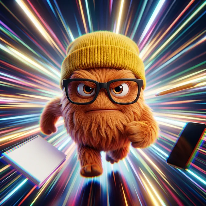 A hairy alien in a yellow beanie and glasses appears to be running near the speed of light, with a pencil, notebook, and mobile device flying by.
