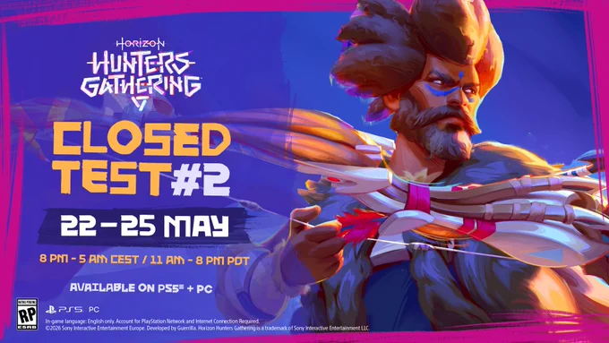 Stylized artwork of Rem, a Hunter from Horizon Hunters Gathering, with text displaying the Playtest 2 schedule: May 22–25, 8 PM–5 AM CEST / 11 AM–8 PM PDT.
