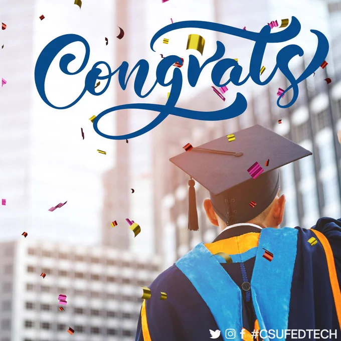 graduate in gown with text: congrats