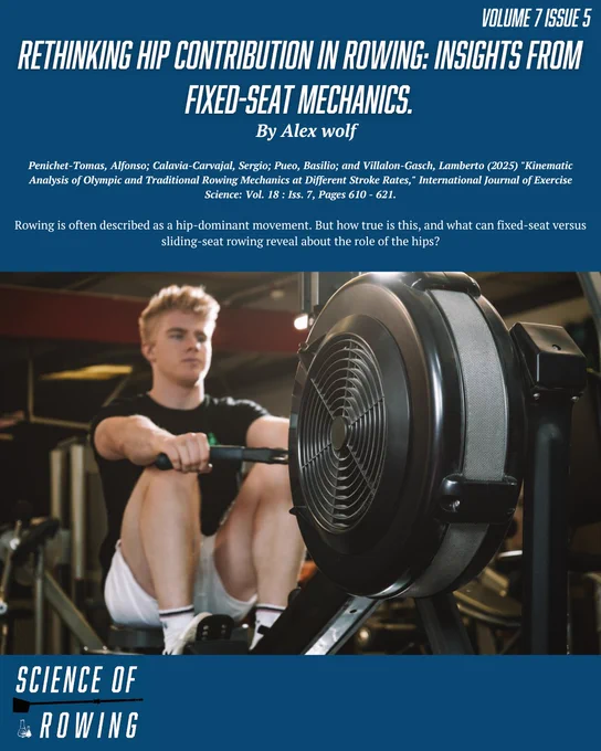 A digital cover featuring an article about hip movements in rowing. The mood is informative and athletic.