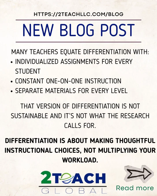 Graphic with the same beige textured background for visual continuity. The header again reads “https://2teachllc.com/blog” above a bold blue title: “NEW BLOG POST.” The main text reads, “MANY TEACHERS EQUATE DIFFERENTIATION WITH: Individualized assignments for every student, constant one-on-one instruction, and separate materials for every level. THAT VERSION OF DIFFERENTIATION IS NOT SUSTAINABLE AND IT’S NOT WHAT THE RESEARCH CALLS FOR. DIFFERENTIATION IS ABOUT MAKING THOUGHTFUL INSTRUCTIONAL CHOICES, NOT MULTIPLYING YOUR WORKLOAD.” The 2Teach Global logo sits at the bottom, and a hand-drawn arrow in the bottom right points toward green text saying “Read more.”