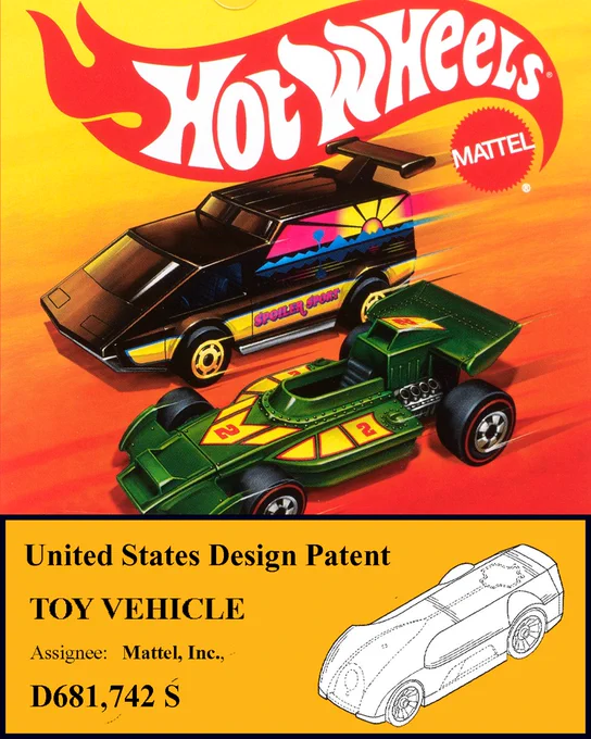 Cover of a Hot Wheels toy image featuring two toy cars. The top car is black with colorful decals and the bottom car is green with red and yellow details. The background is orange with the Hot Wheels logo. A section on the cover shows a diagram of a patent for a toy vehicle and includes text stating “United States Design Patent," "Toy Vehicle," "Assignee: Mattel, Inc.," and "D681,742.