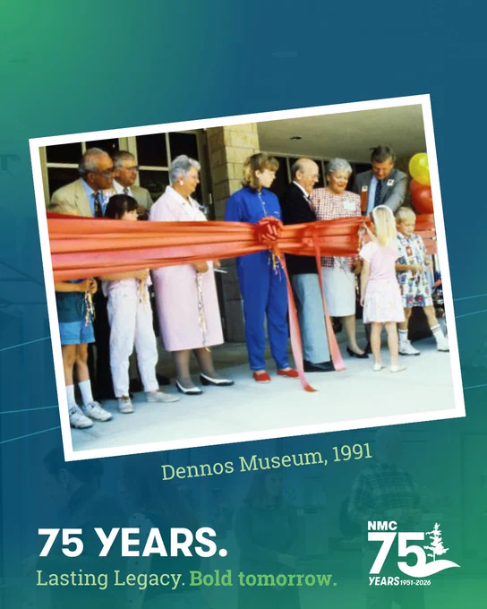 A group of people stands in front of the Dennos Museum in 1991, participating in a ribbon-cutting ceremony. They hold a large red ribbon. Text at the bottom reads "75 Years. Lasting Legacy. Bold tomorrow." with "NMC 75 Years 1951-2026" logo.