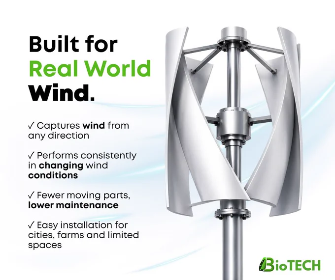 Traditional wind turbines face a simple challenge: they must constantly follow the direction of the wind.
That’s why they rely on rotating mechanisms to stay aligned and capture energy as efficiently as possible.
But this approach comes with trade-offs:
• greater mechanical complexity
• wear and tear over time
• higher maintenance requirements
Vertical wind turbines work differently.
Instead of constantly turning to face the wind, they can capture airflow from any direction, without additional rotation systems.
What does that mean in practice?
✔ more consistent performance in real-world conditions, where wind direction frequently changes
✔ fewer moving components
✔ lower maintenance requirements
✔ easier installation in limited spaces, on rooftops, farms, or urban environments
This is one of the reasons vertical turbines are increasingly considered for distributed infrastructure and urban applications.
In energy, performance is not only about maximum efficiency under ideal conditions.
