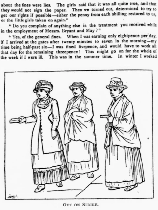 Clipping from the Pall Mall Budget, featuring text above a drawing of three women match factory strikers.