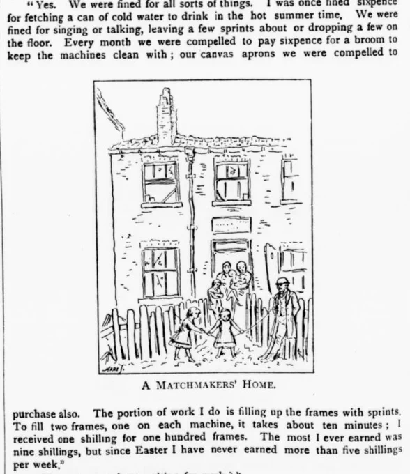 Clipping from the Pall Mall Budget, featuring text and a drawing of a matchmakers' home, which shows children playing outside.