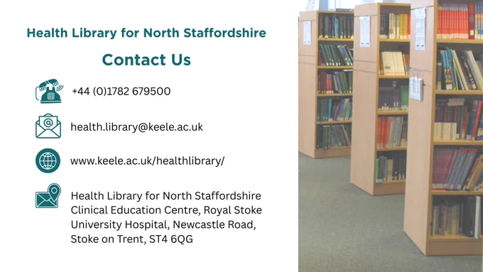 book shelves at the health library and contact info