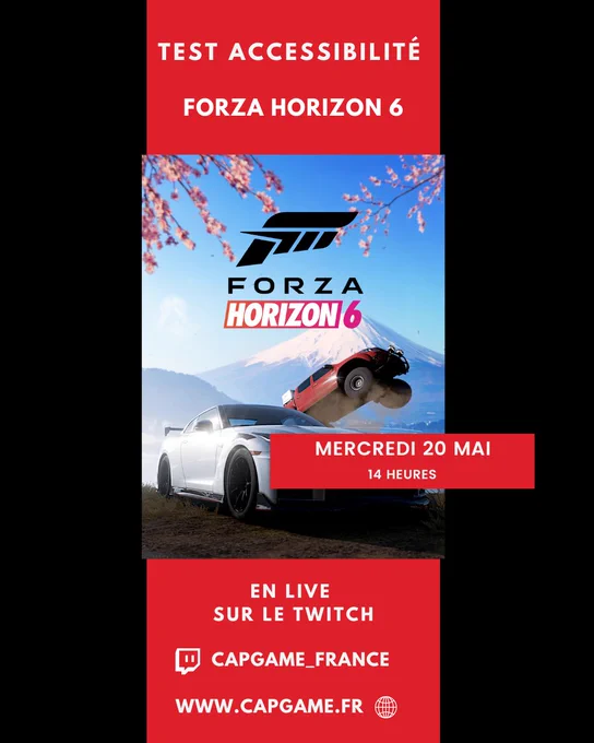 Affiche annonçant le test live de Forza Horizon 6 sur le Twitch Capgame_France ce mercredi 20 mai à 14h.