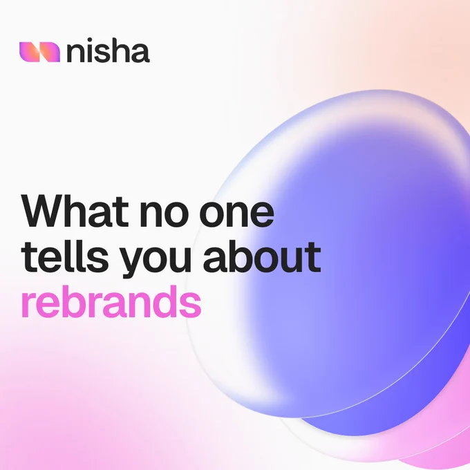 Text highlights insights on rebranding, featuring a modern design with gradient shapes and the brand name "nisha."