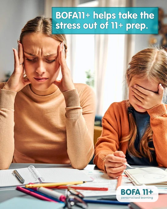 An image of a mother and daughter doing school work at a table.
The mother looks stressed with her hands at her temples and eyes closed, and her daughter has a hand over her eyes in despair.
The image also contains the following text:
BOFA11  helps take the stress out of 11  prep.