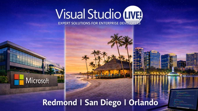 photos of: 
Microsoft HQ.
A bungalo on the coast off San Diego.
A skyline over Orlando.
text reads: visual Studio Live. Expert solutions for enterprise developers.
Redmond, San Diego, Orlando
