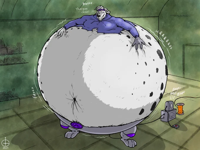 Last 4 minutes of inflation were a true challenge! Morty could barely breathe, couldn’t move a hand or leg. Even a turn of a head was a great effort for him… and yet the pump didn’t cease to fill him up! Far beyond the physical limits of his body. A normal canine would’ve explode like… 5 minutes ago already, but robotic parts were keeping the body together… for now. 

“Fuck… oh fuck…. I can’t… I can’t hold it…. This is too much!” - Morty whined with all his might. He already reached the ceiling height, so his sides were bulging more and more, turning him in a perfect sphere! “…I’m gonna… ufff I’m gonna pop! Someone… turn off the pump… OH FUCK HERE IT COMES! HERE IT COMES I POP! 5! 4! 3!…” - the gurgling belly started vibrating from pressure!! “2! 1!” - Morty closed his eyes, relaxing his belly, letting it explode like a bomb! 

“Beep! Beep! Inflation status: complete.” Morty opened his eyes, starring at his overpumped, ENORMOUS body. That was close! Closest he’s ever been to popping!