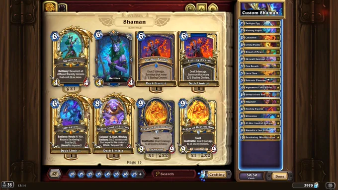 ### sizzlers
# Class: Shaman
# Format: Standard
# Year of the Scarab
#
# 2x (1) Twilight Egg
# 2x (1) Wailing Vapor
# 2x (2) Cinderfin
# 2x (2) Living Flame
# 2x (2) Ritual of Power
# 2x (2) Skywall Sentinel
# 2x (3) Fire Breath
# 2x (3) Lava Flow
# 2x (3) Volcanic Thrasher
# 1x (4) Nightmare Lord Xavius
# 2x (5) Envoy of the End
# 2x (5) Slagclaw
# 2x (6) Sizzling Swarm
# 1x (6) Ultraxion
# 1x (8) Al'Akir, Lord of Storms
# 2x (9) Muradin's Last Stand
# 1x (10) Deathwing, Worldbreaker
# 
AAECAcLnBwTDgwfQvweC1Aeb1AcNx4cHnJYHnZYHoJYH7JYH0J0HmKwHsbAHj74Hw8AHycAH98AH9sEHAAA=

(all the cards are golden btw)

