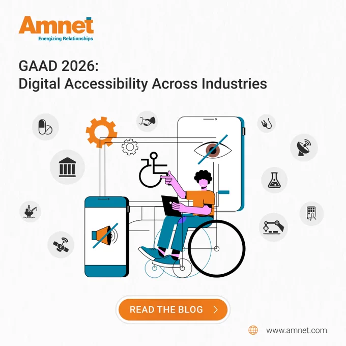 A banner for GAAD 2026 titled “Digital Accessibility Across Industries” featuring an illustrated person using accessible digital technology while seated in a wheelchair. The banner includes accessibility-related icons representing sectors such as healthcare, finance, education, and communication, along with the Amnet logo and a “Read the Blog” call-to-action button.