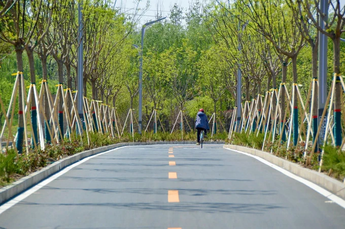 A cycling highway through a new residential district of Tongzhou on the outskirts of Beijing is lined with trees, plants, and lighting fixtures.
