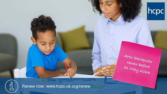 Child drawing with colored pencils while an adult supervises, promoting HCPC arts therapist renewal before 31 May 2026.