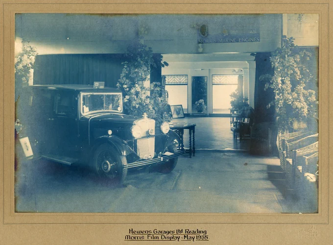 Vintage Morris car on display at Hewens Garages, Reading, May 1935.