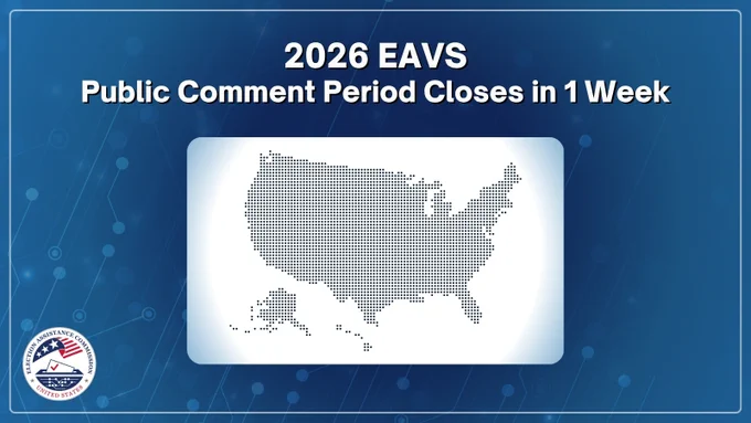 A dark blue cyber circuitry background fills the frame. Top center in bold white text reads "2026 EAVs Public Comment Period Closes in 1 Week". Centered is a digital US map in white rectangle. Lower left is a circular EAC logo.
