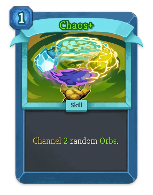 Blue bordered Defect card with Chaos  written at the top of the card. There is an image of a hand with multiple elements inside it and inside it says "channel 2 random orbs". 